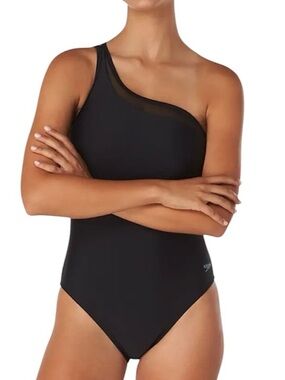 SPEEDO New Black Eco Flex Solid Mesh Asymmetrical One Piece Swimsuit Size 12